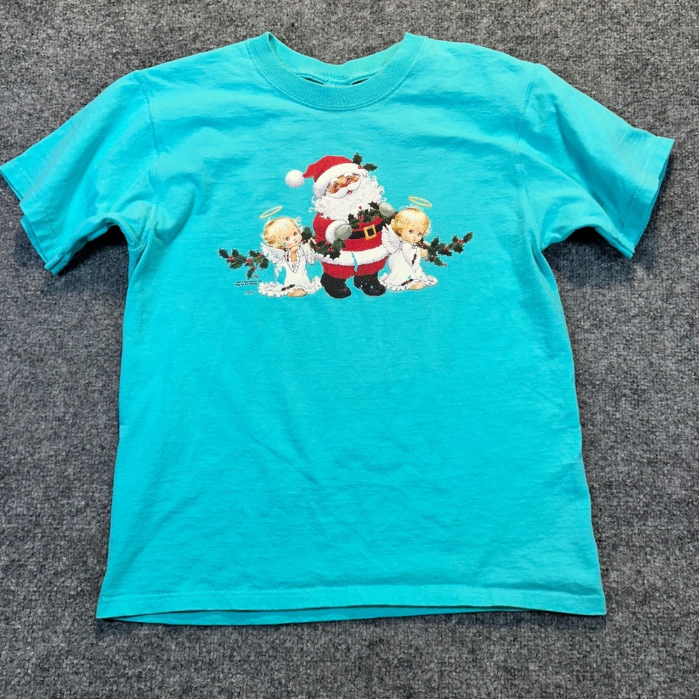 Fruit of the Loom T-Shirt Kids Medium Teal Vintage 1999 Santa Angels Christmas
